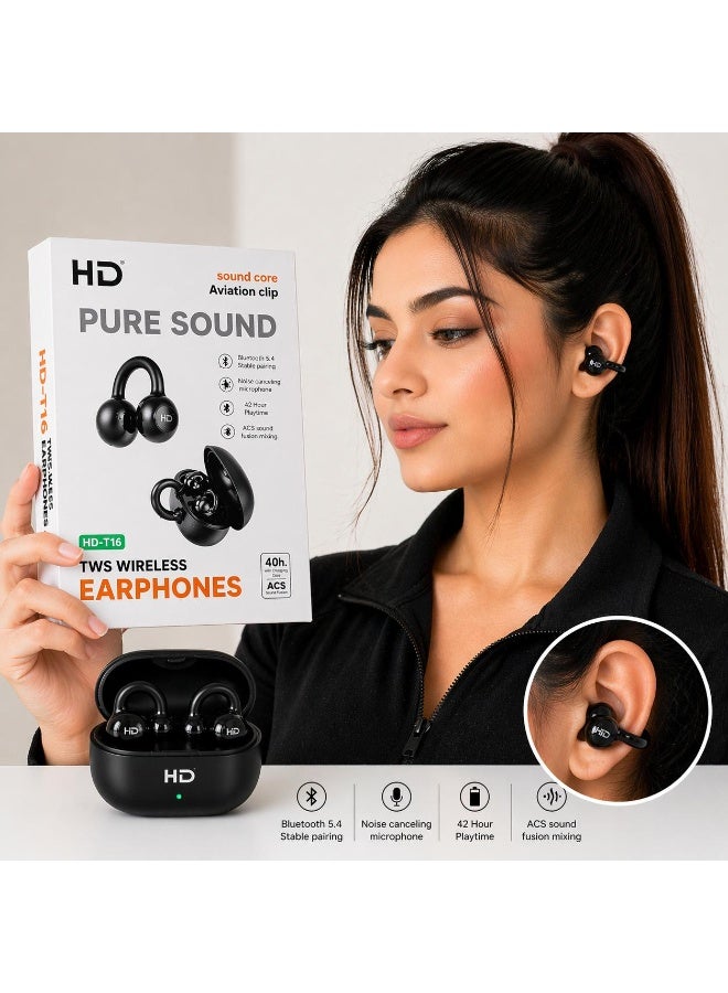 أتش دي سماعات أذن لاسلكية مفتوحة من HD-T16 بمشبك للأذن، بلوتوث 5.4 | بطارية تدوم 42 ساعة | ميكروفون بخاصية إلغاء الضوضاء ENC | سماعات رياضية مريحة للجري والتمارين | متوافقة مع أجهزة iPhone وAndroid - Image 1