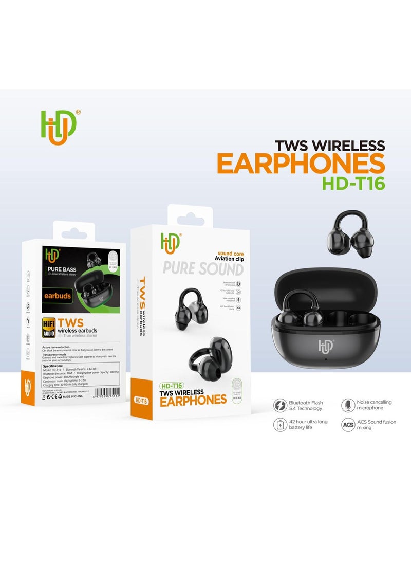 أتش دي سماعات أذن لاسلكية مفتوحة من HD-T16 بمشبك للأذن، بلوتوث 5.4 | بطارية تدوم 42 ساعة | ميكروفون بخاصية إلغاء الضوضاء ENC | سماعات رياضية مريحة للجري والتمارين | متوافقة مع أجهزة iPhone وAndroid - Image 2