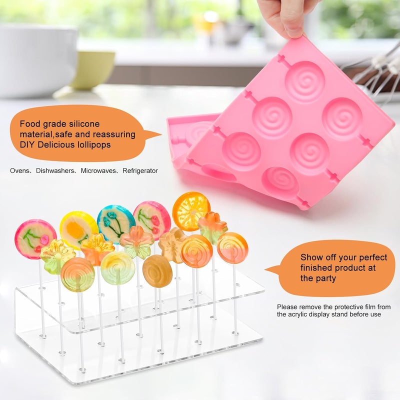 Hoedia 304Pcs Silicone Lollipop Molds Kit - Pink Lollipop Candy Molds with 15 Holes, Acrylic Stand, 100P Sticks, Bags, Ties - Image 3