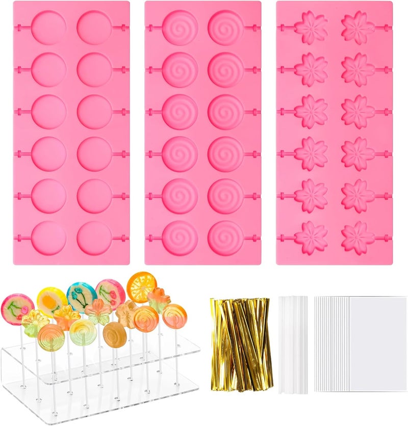 Hoedia 304Pcs Silicone Lollipop Molds Kit - Pink Lollipop Candy Molds with 15 Holes, Acrylic Stand, 100P Sticks, Bags, Ties - Image 1