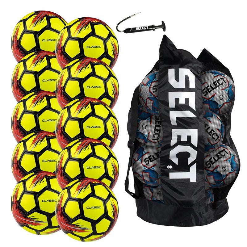 SELECT Classic V21 Soccer Ball 10Ball Team Pack with Duffle Bag and Pump Yellow Size 5