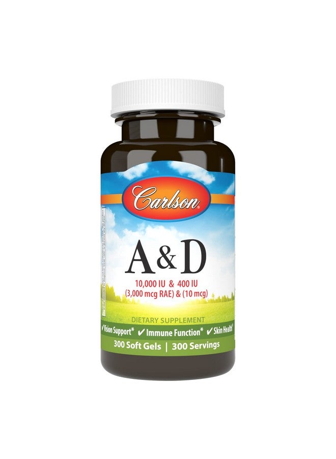 Carlson - A & D, 10000 IU (3000 mcg RAE) Vitamin A, 400 IU (10 mcg) Vitamin D3, Vision Support, Skin Health, 300 Soft Gels - Image 1