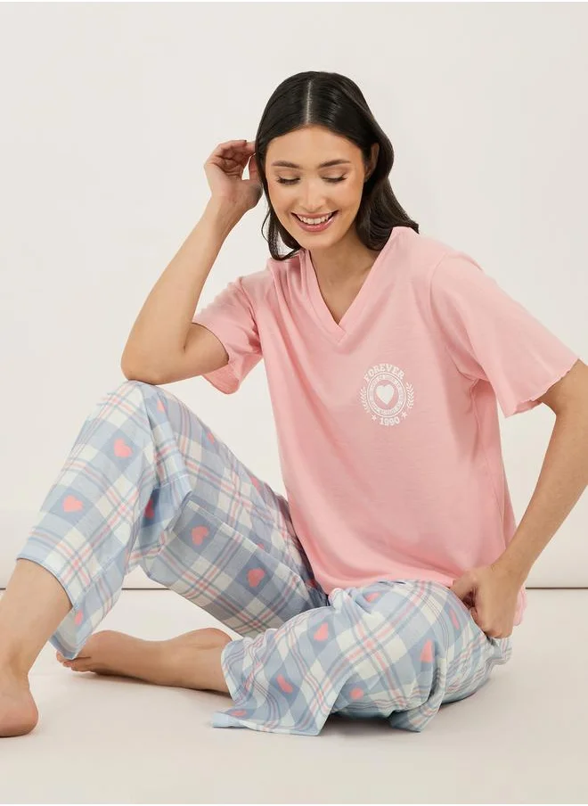 Styli Graphic Print V Neck T-Shirt & Checked Pyjama Set