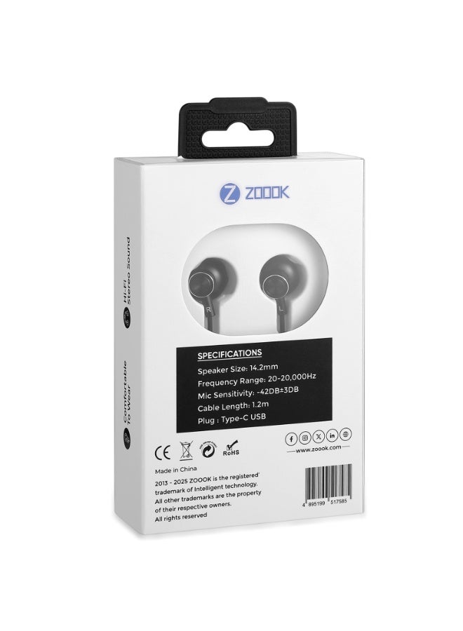 Zoook Paradise Type C Headphones – USB-C Wired Earphones with Mic & Volume Control, Noise Cancelling Headset for iPhone 16/15 Pro Max, iPad Pro, Samsung Galaxy S25/S24/S23, Pixel 7/6/5, 1.2m Black  - Image 3