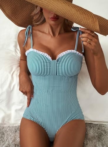 Herseas Women One Piece Swimsuit Striped High Cut Adjustable Tie Shoulders Stretchy Push Up Tummy Control Bathing Suit Romantic Beach Vacation Essentials Light Green Stripe X-Large - Image 5