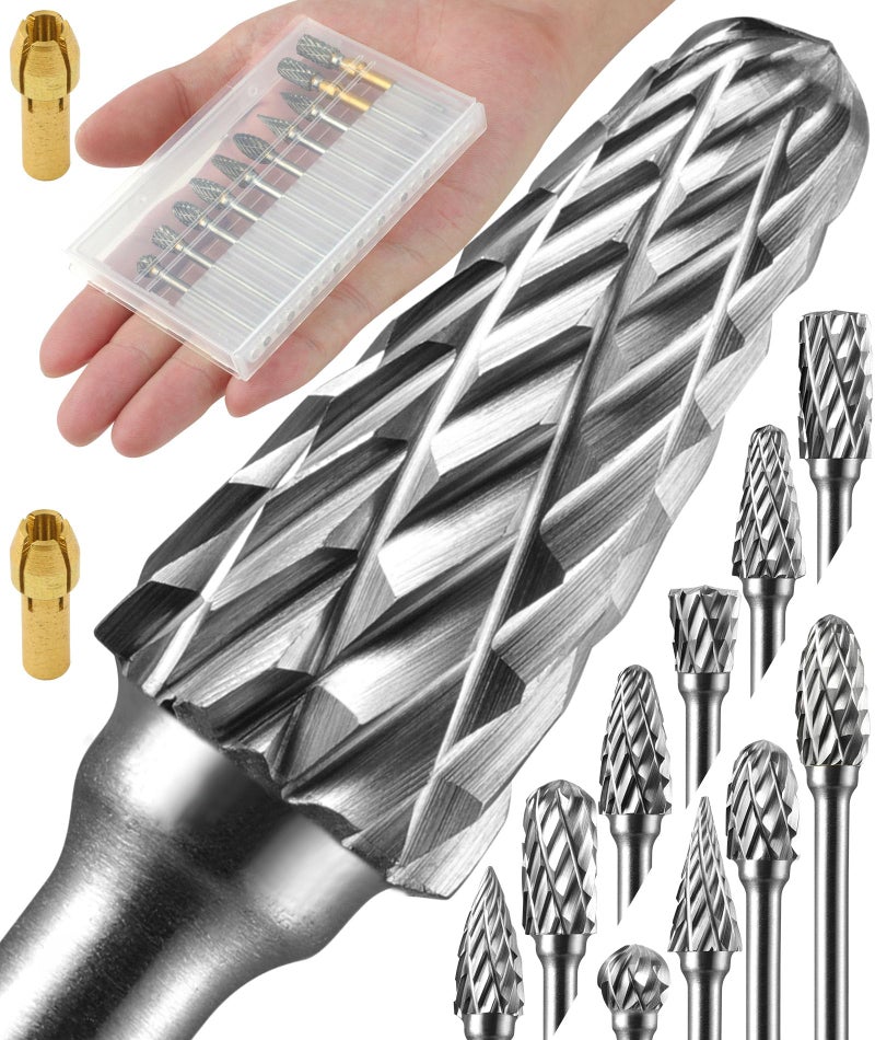 Sworker 10 Pcs Carbide Burr Set 18 Shank w 2 Collets Compatible with Dremel Bits Rotary Tools Attachment Kit Rasp Drill File Accessories Metal Wood Stone Steel Grinding Carving Cutting Polishing
