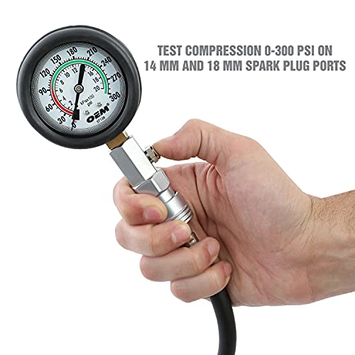OEMTOOLS مجموعة مقياس اختبار الضغط OEMTOOLS 37138، مقياس اختبار الضغط للسيارات، مقياس ضغط المحرك مع خرطوم مرن، محولات 14mm و 18mm - Image 4