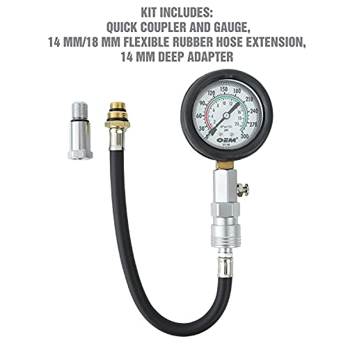 OEMTOOLS مجموعة مقياس اختبار الضغط OEMTOOLS 37138، مقياس اختبار الضغط للسيارات، مقياس ضغط المحرك مع خرطوم مرن، محولات 14mm و 18mm - Image 5