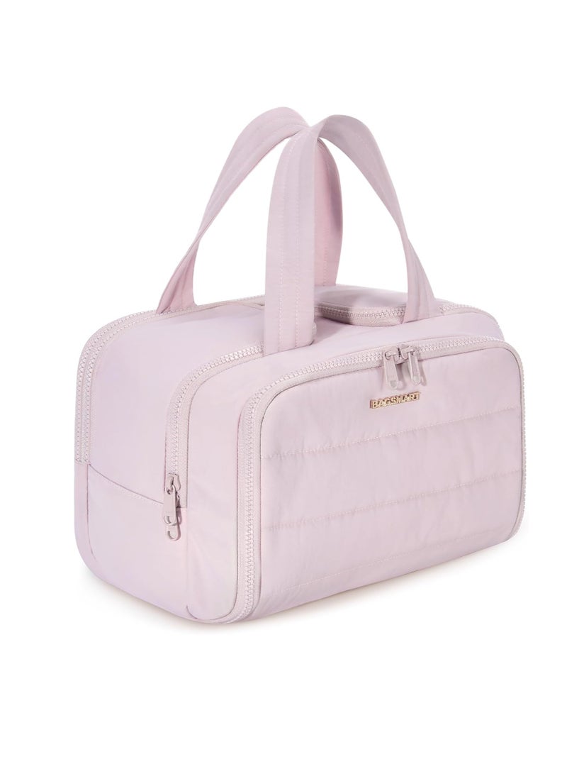 general Travel toilet bag, light large wide open women's travel bag, fluffy cosmetic cosmetic bag storage bag with handle, can hold accessories, essentials, toiletries, pink - Image 1