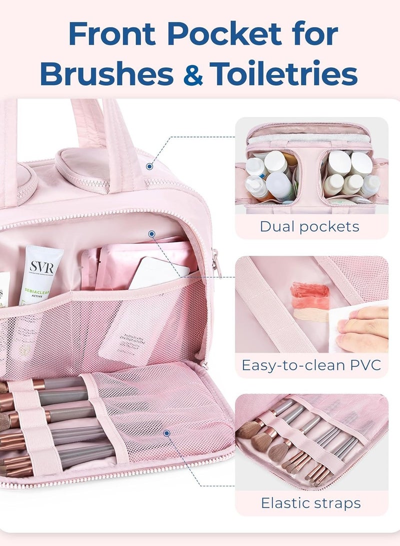 general Travel toilet bag, light large wide open women's travel bag, fluffy cosmetic cosmetic bag storage bag with handle, can hold accessories, essentials, toiletries, pink - Image 4