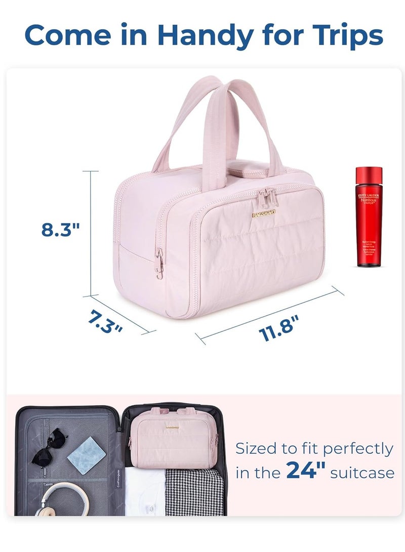 general Travel toilet bag, light large wide open women's travel bag, fluffy cosmetic cosmetic bag storage bag with handle, can hold accessories, essentials, toiletries, pink - Image 5