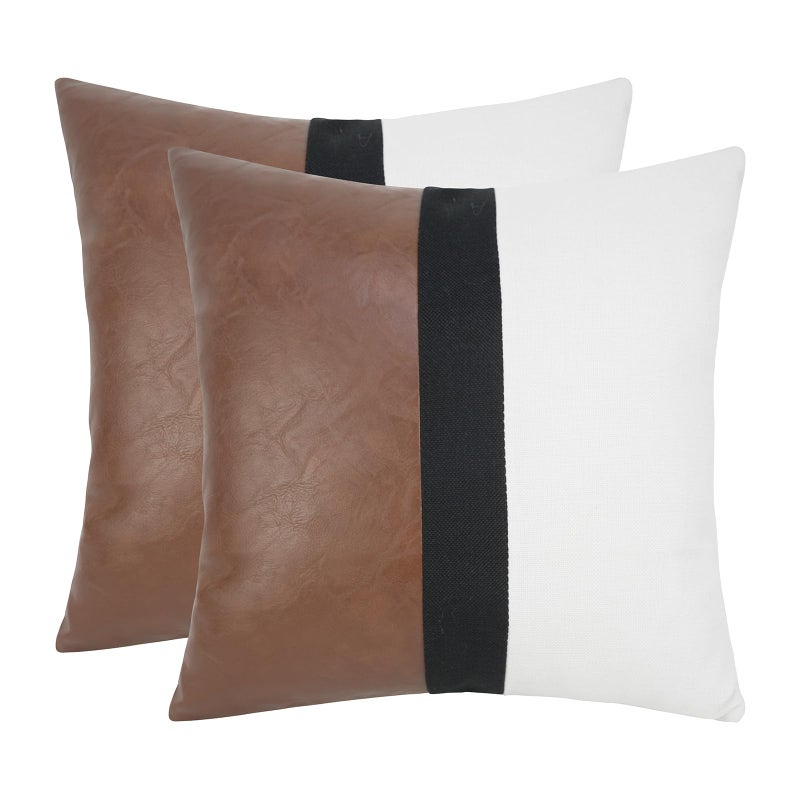JASEN Set of 2 Faux Leather and Linen Lumbar Pillow Covers 18x18 Inch Black and White Modern Farmhouse Rectangular Accent Cushion Covers for Couch Sofa