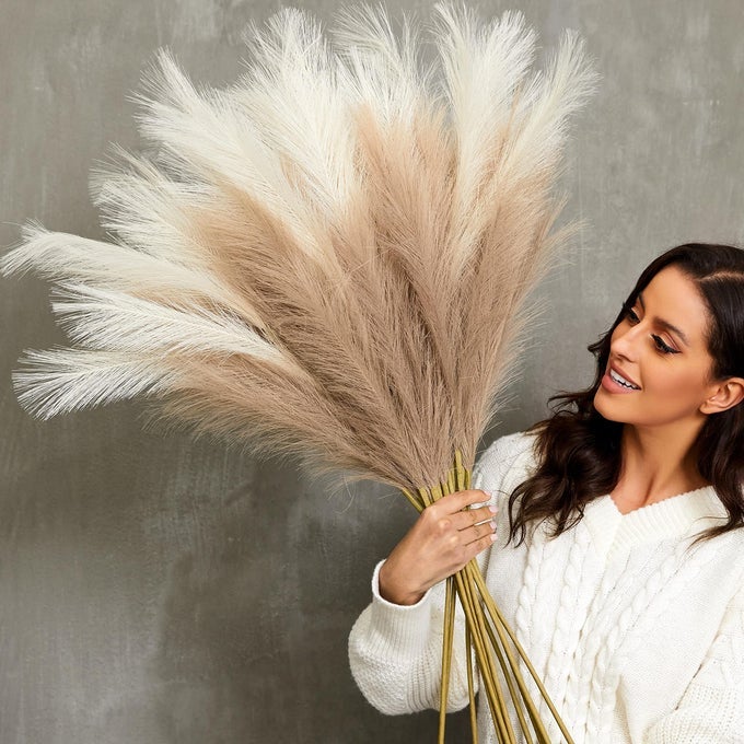 Qubitful Faux Pampas Grass 9 PCS 3731FT Tall Fluffy Fake Pompas Floral Large Artificial Pompous Grass Branches for Floor Vase Fillers Boho Farmhouse Room Wedding Decor Mixed Color