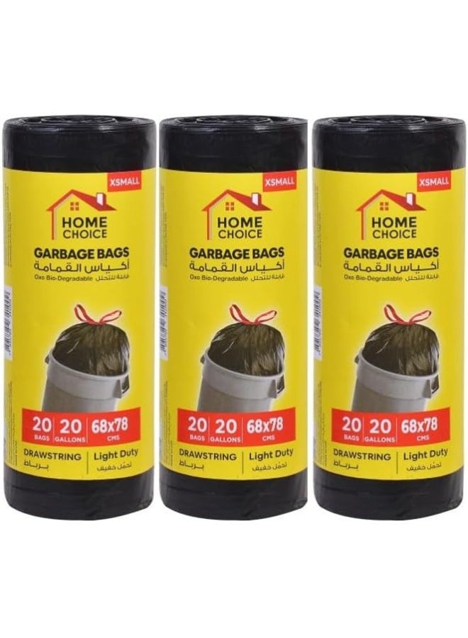 HOME CHOICE 20 جالون، عبوة من 60 كيس قمامة بسحاب (20 كيس قمامة × 3 لفات)، لفات أكياس قمامة بسحاب، قابلة للتحلل، الحجم 78 × 68 سم، بطانات سلة مع رباط عنق - Image 1