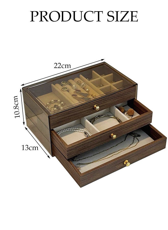 DUNISO 3 in 1 Multifunctional Walnut Jewelry Storage Box, Display Stand with Clear Lid and Drawer,Portable Jewellery Holder  for Earring ,Rings ,Necklaces and Bracelets - Image 2