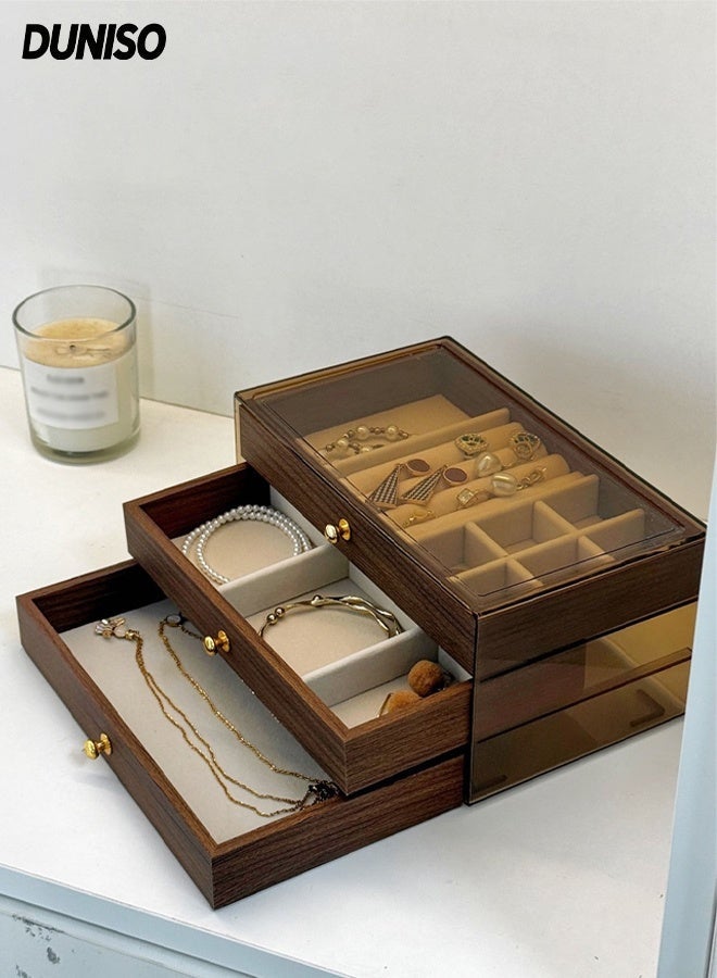 DUNISO 3 in 1 Multifunctional Walnut Jewelry Storage Box, Display Stand with Clear Lid and Drawer,Portable Jewellery Holder  for Earring ,Rings ,Necklaces and Bracelets - Image 1
