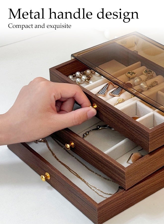 DUNISO 3 in 1 Multifunctional Walnut Jewelry Storage Box, Display Stand with Clear Lid and Drawer,Portable Jewellery Holder  for Earring ,Rings ,Necklaces and Bracelets - Image 4