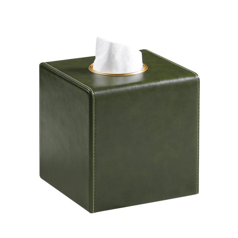 MEIBOOCH Square Tissue Box Cover, Luxury PU Leather Tissue Holder with Magnetic Closure (Dark Green) - Image 1