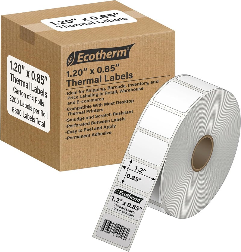 Ecotherm 1.2" x .85" Thermal Labels | 4 Rolls | 8800 Labels | fits Zebra, Godex, Arkscan, iDPRT, Offnova Thermal Label Printers and More | Blank White Adhesive Stickers by - Image 1