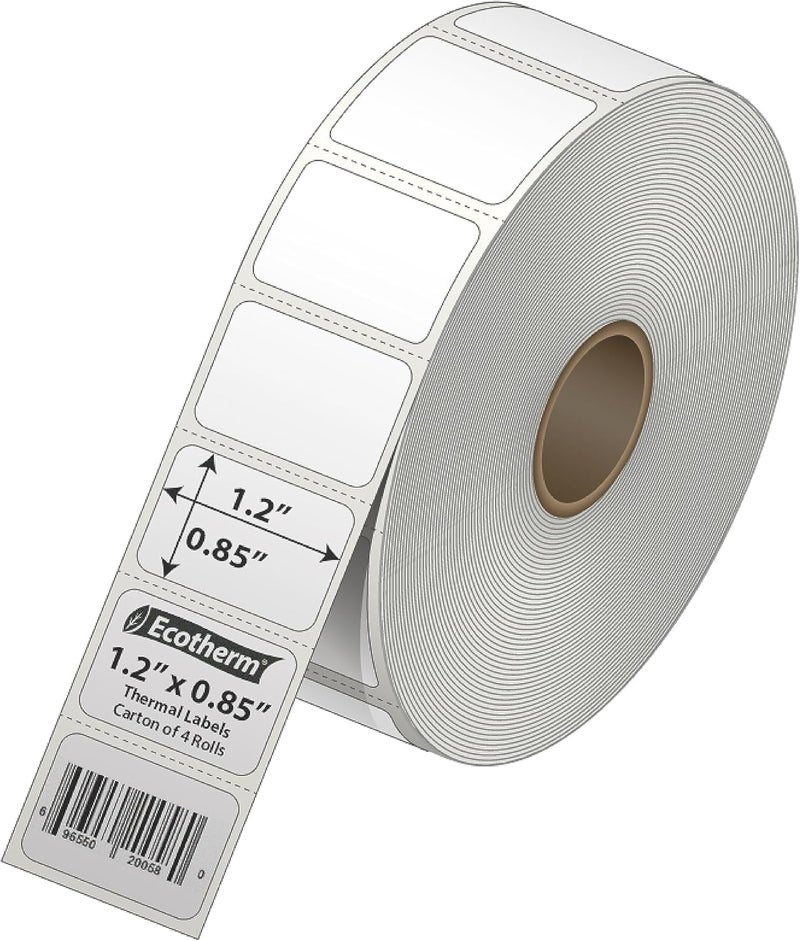 Ecotherm 1.2" x .85" Thermal Labels | 4 Rolls | 8800 Labels | fits Zebra, Godex, Arkscan, iDPRT, Offnova Thermal Label Printers and More | Blank White Adhesive Stickers by - Image 2