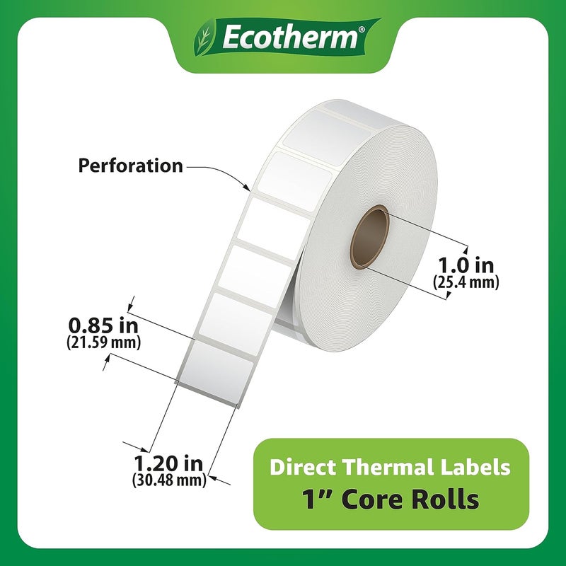 Ecotherm 1.2" x .85" Thermal Labels | 4 Rolls | 8800 Labels | fits Zebra, Godex, Arkscan, iDPRT, Offnova Thermal Label Printers and More | Blank White Adhesive Stickers by - Image 3