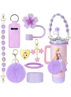 Cup Accessories for Stanley Cup 30oz 40oz Tumbler with Handle, Including Water Bottle Handle Strap, Chapstick Holder, Boot, Keychain Charms, Straw Topper Cover Cap for Stanley (Purple)