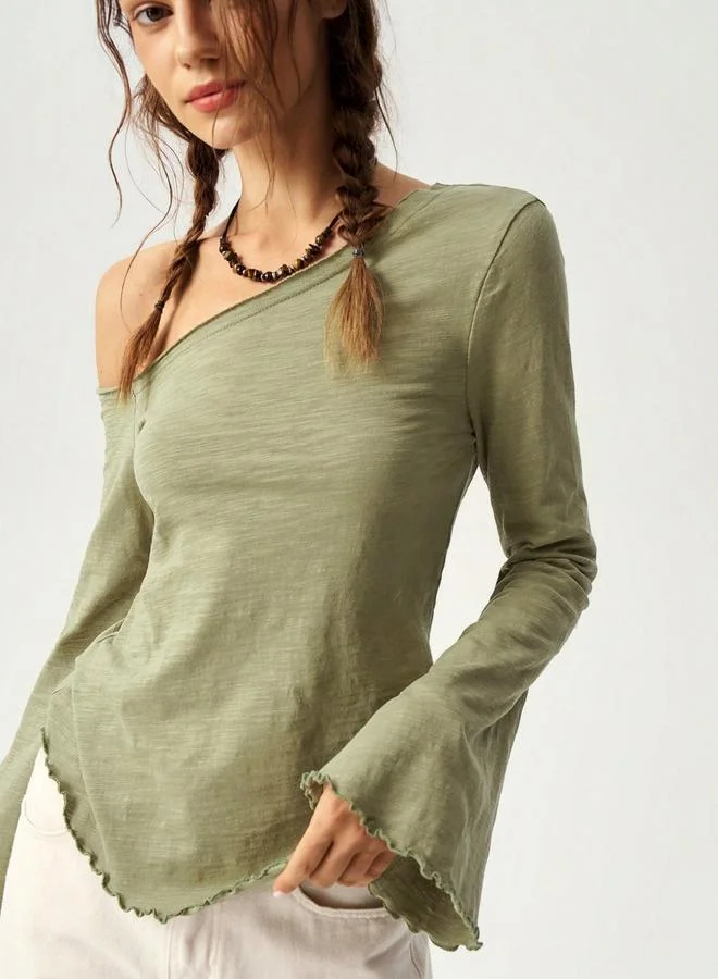 Take Two Khaki Solid Asymmetric Neck Cotton Top