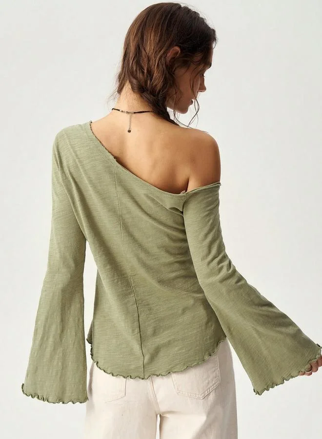 Take Two Khaki Solid Asymmetric Neck Cotton Top