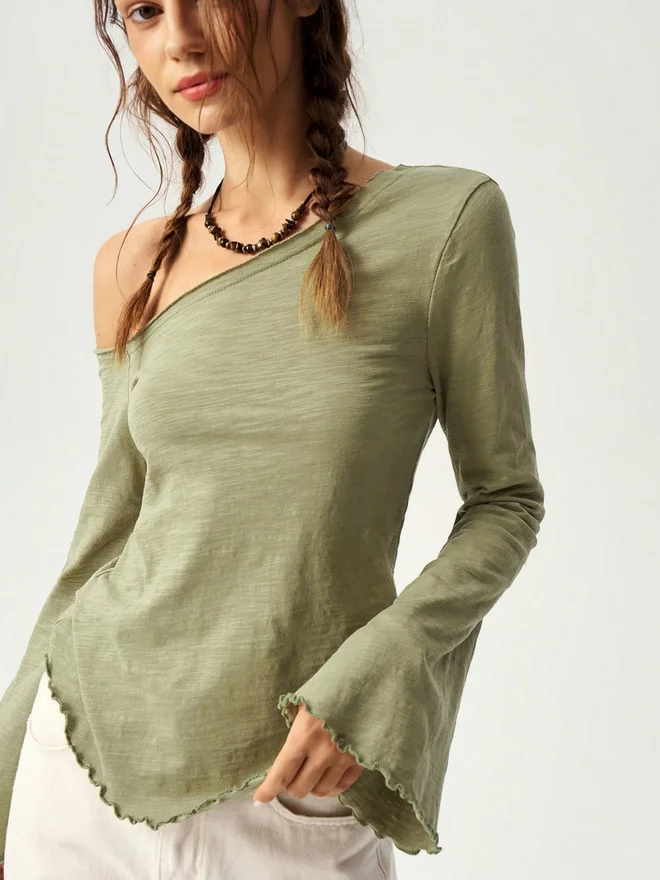 Take Two Khaki Solid Asymmetric Neck Cotton Top