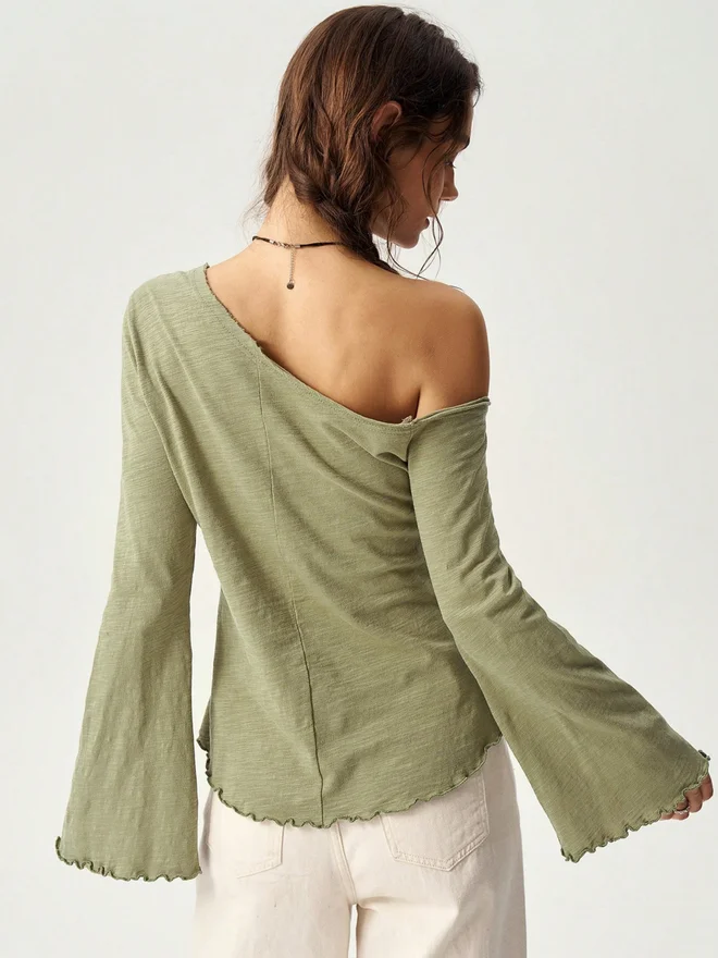 Take Two Khaki Solid Asymmetric Neck Cotton Top