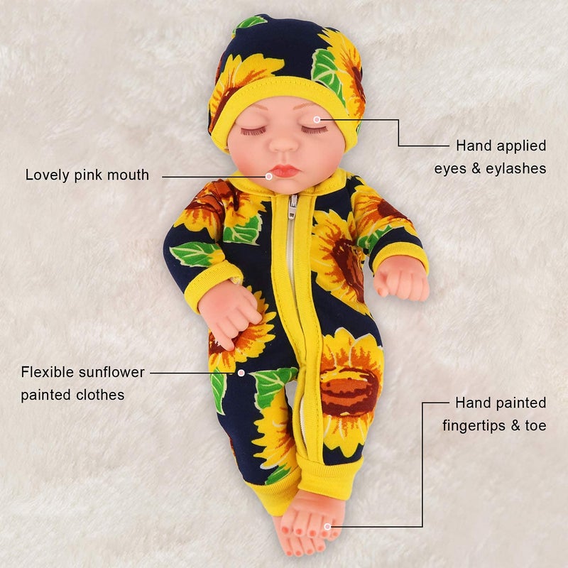 Ecore Fun 10 Inch New-Born Reborn Doll Baby Doll and Clothes Set Washable Realistic Silicone Baby Dolls with Cute Sunflower Jumpsuit Clothes-Best Gift for Kids Girls - Image 2