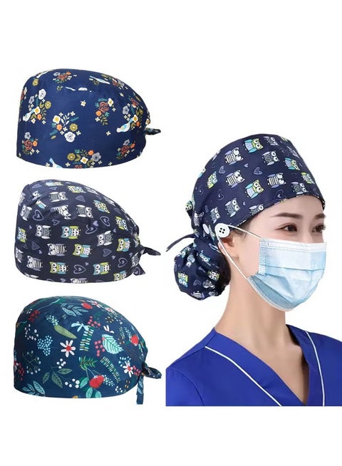 3 Pack Working Caps with ons and Sweatband Cotton Printed Bouffant Hats Adjustable Elastic Tie Back Hats for Women and Men Breathable Scrub Cap
