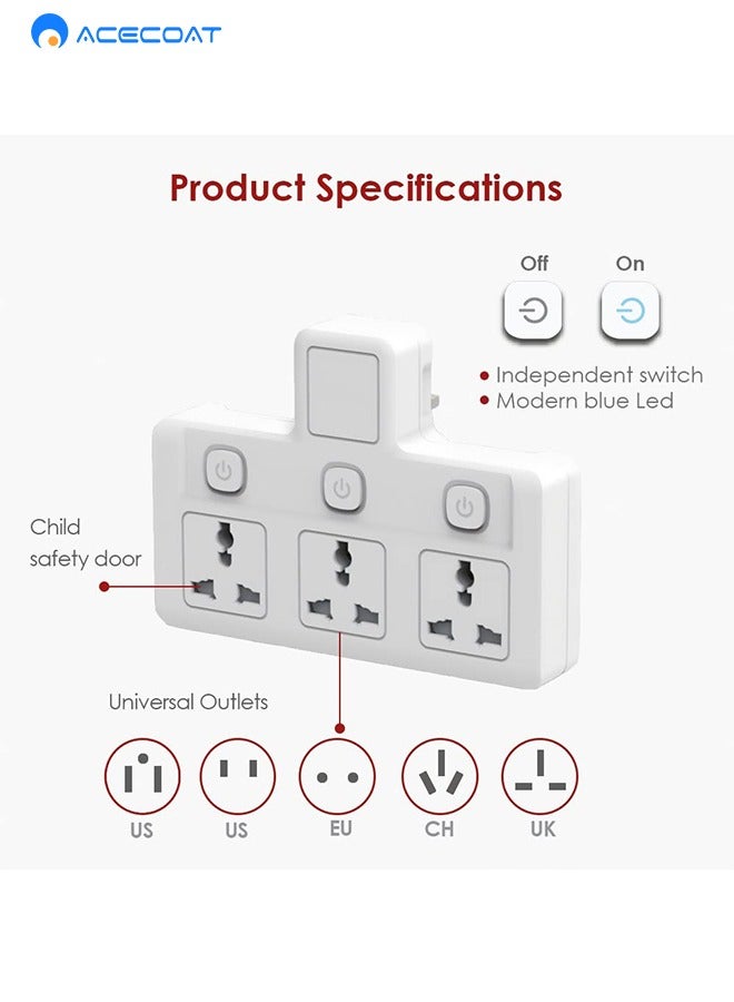 ايسكوت موصل شامل للإمداد الكهربائي، موصلات متعددة، محول قابس حائطي، قابس المملكة المتحدة مع مفتاح 3 منافذ، حول 1 إلى 3، بدون كابل مع تصنيف 3 دبابيس، محول إمداد كهربائي مع حماية ضد الزيادة - Image 2