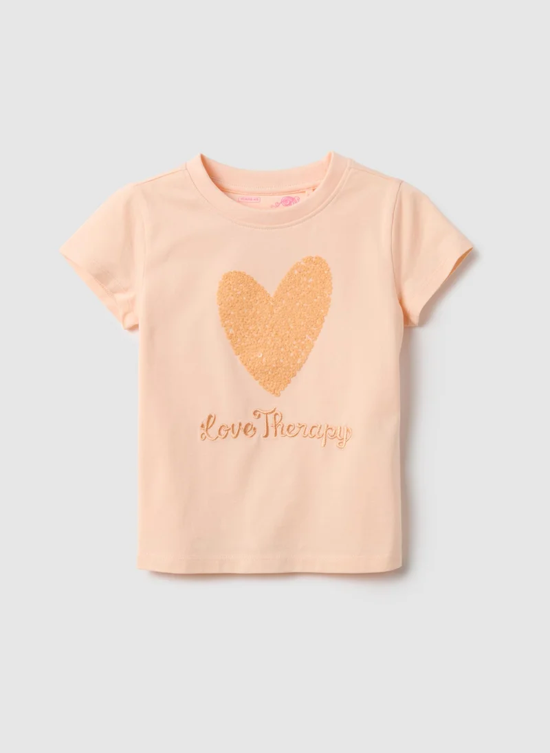 او في اس Ovs Pink Stretch Cotton Regular Fit T-Shirt With Heart For Girl