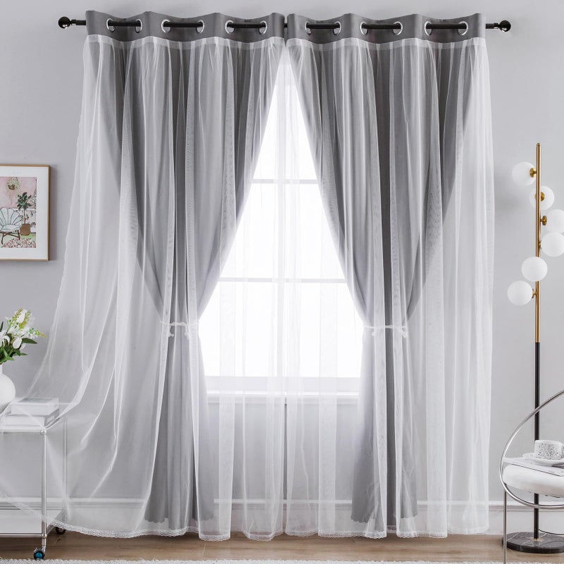 Anytime Home Curtains Blackout and Sheer Layered Solid Window Curtain Panel Pair with Grommet Top  52Wx95L Grey - Image 5
