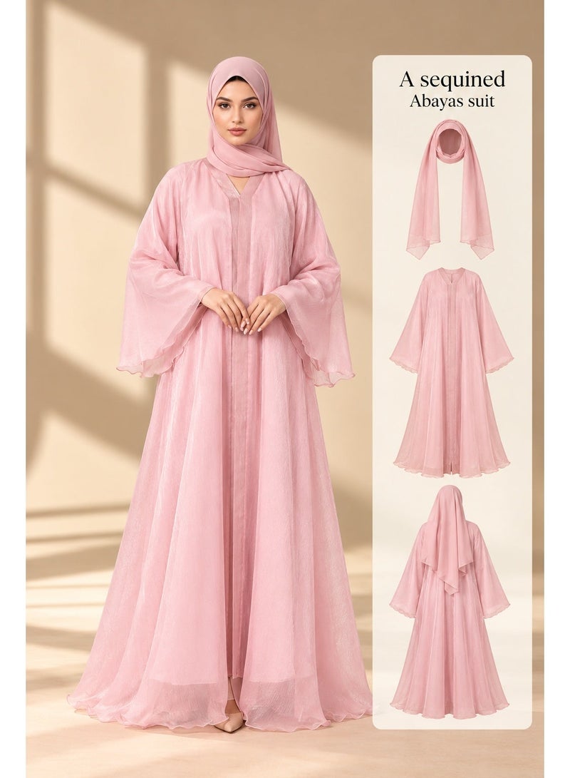 Ophelia LUNA Pink Abaya - 3-Piece Set with Underdress & Hijab - Image 1