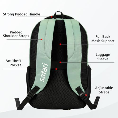 Safari Solace 30L Laptop Backpack, 2 Compartments, Raincover, Organizer, Antitheft Pocket, Trolley Sleeve, Bottle Holder, Front Pocket, College Bag, School Bag, Formal Backpack, Color- Sage, Multi - Image 3