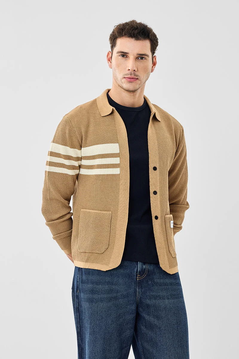 SNITCH Beige Striped Long Sleeve Regular Fit Sweater