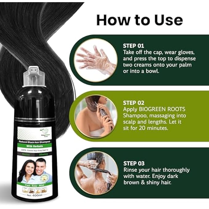 BIOGREEN ROOTS HERBAL NATURAL BLACK HAIR COLOR SHAMPOO (400ML) WITH 200ML HAIR TREATMENT FOR GREY HAIR COVERAGE IN 10 MINUTES - HAIR COLORING FOR MEN, WOMEN, ALL HAIR TYPES - NATURAL BLACK HAIR DYE - Image 3