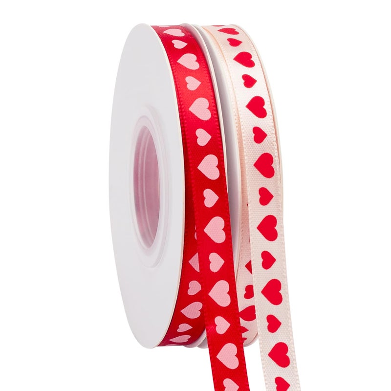 Voeveca Valentineâ€™s Day Ribbon,50 Yards Heart Satin Ribbon Use for Valentines Day Craft,Gift Wrapping,Home Decor,3/8 Inches 2 Rolls,Red/Pink/Cream (Hearts 1, 3/8 Inch x 50 Yard) - Image 1