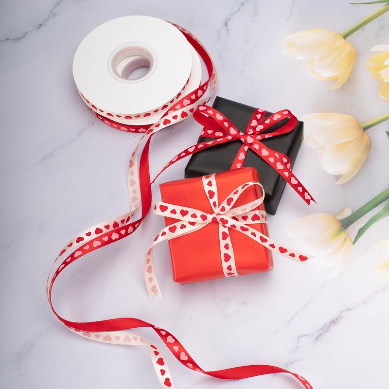 Voeveca Valentineâ€™s Day Ribbon,50 Yards Heart Satin Ribbon Use for Valentines Day Craft,Gift Wrapping,Home Decor,3/8 Inches 2 Rolls,Red/Pink/Cream (Hearts 1, 3/8 Inch x 50 Yard) - Image 2