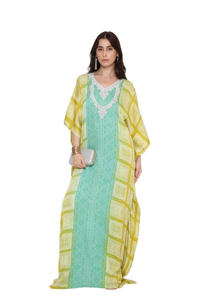 HANA & SARA Women's Elegant Green & Yellow Printed Arabic Jalabiya Kaftan with Silver Embroidery STONE WORK DESIGN