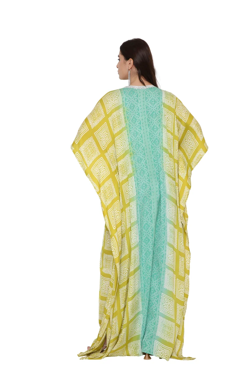 HANA & SARA Women's Elegant Green & Yellow Printed Arabic Jalabiya Kaftan with Silver Embroidery STONE WORK DESIGN