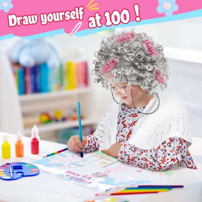 Biubee Old Lady Costume for Girls Kids - 100 Day Costume Girl, with Dress and Shawl, 100 Days of School Costume Set for Girls 3 4 5 6 7 8 9 10 Years Cosplay Granny Grandma Outfit Dress Up, L - Image 3