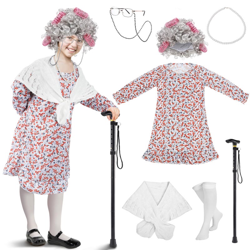 Biubee Old Lady Costume for Girls Kids - 100 Day Costume Girl, with Dress and Shawl, 100 Days of School Costume Set for Girls 3 4 5 6 7 8 9 10 Years Cosplay Granny Grandma Outfit Dress Up, L - Image 1