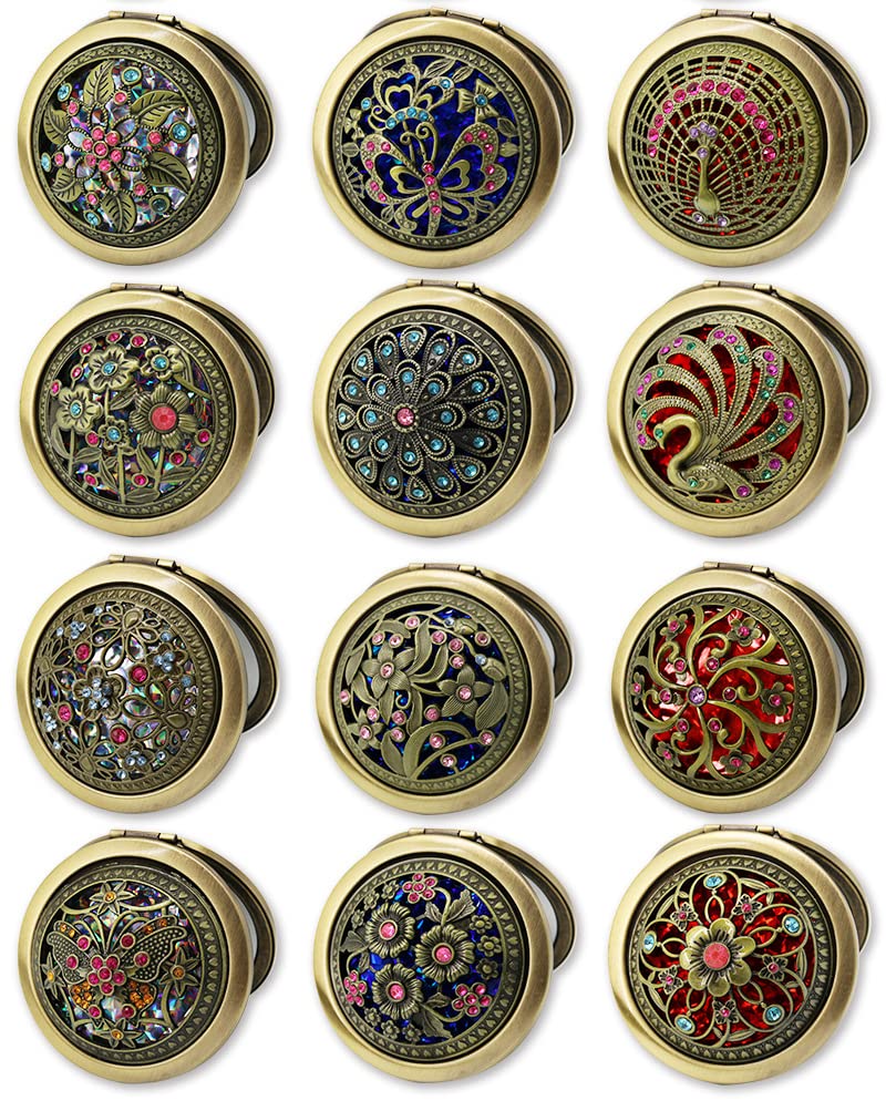 Rich Boxer 4 Pcs Vintage Foldable Mirror Metal Vanity Mirror Travel Mirror Makeup Mirror Pocket Mirror Double Sided Compact Cosmetic Mirror, Bronze, Random Style - Image 3