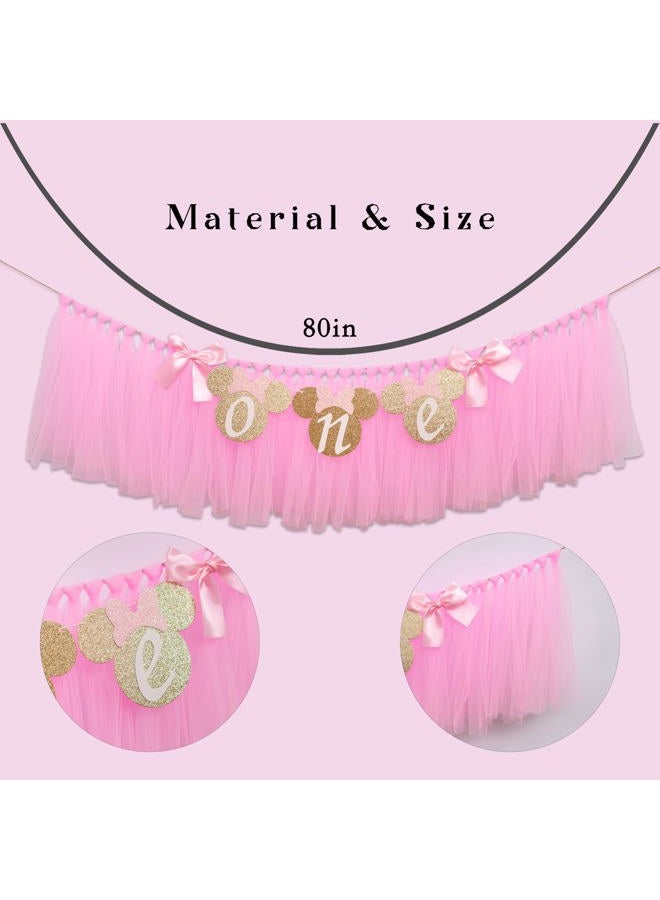 MUWEOL Mouse One High Chair Banner - Mouse Theme First Birthday Party Banner for Little Girls,Pink 1st Birthday Decoration Garland (pink mouse banner) - Image 2