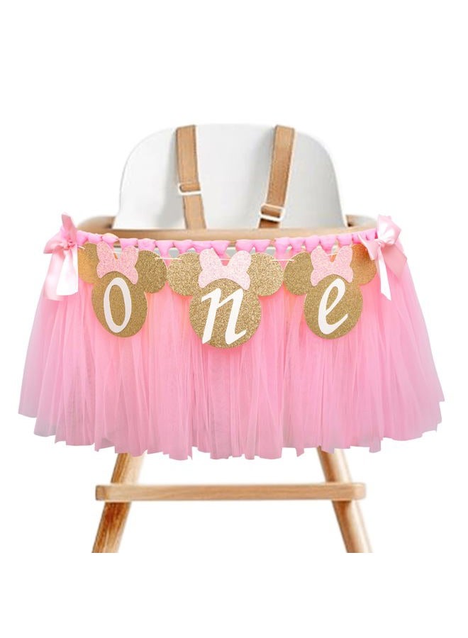 MUWEOL Mouse One High Chair Banner - Mouse Theme First Birthday Party Banner for Little Girls,Pink 1st Birthday Decoration Garland (pink mouse banner) - Image 1