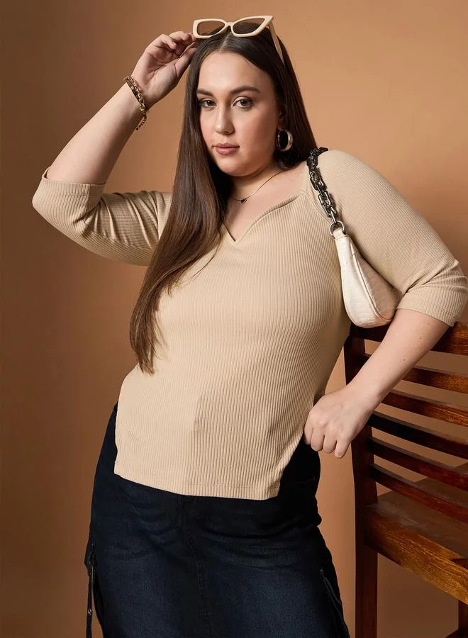 SASSAFRAS SASSAFRAS Plus Size Textured Rib Knit Sweetheart Neck Top
