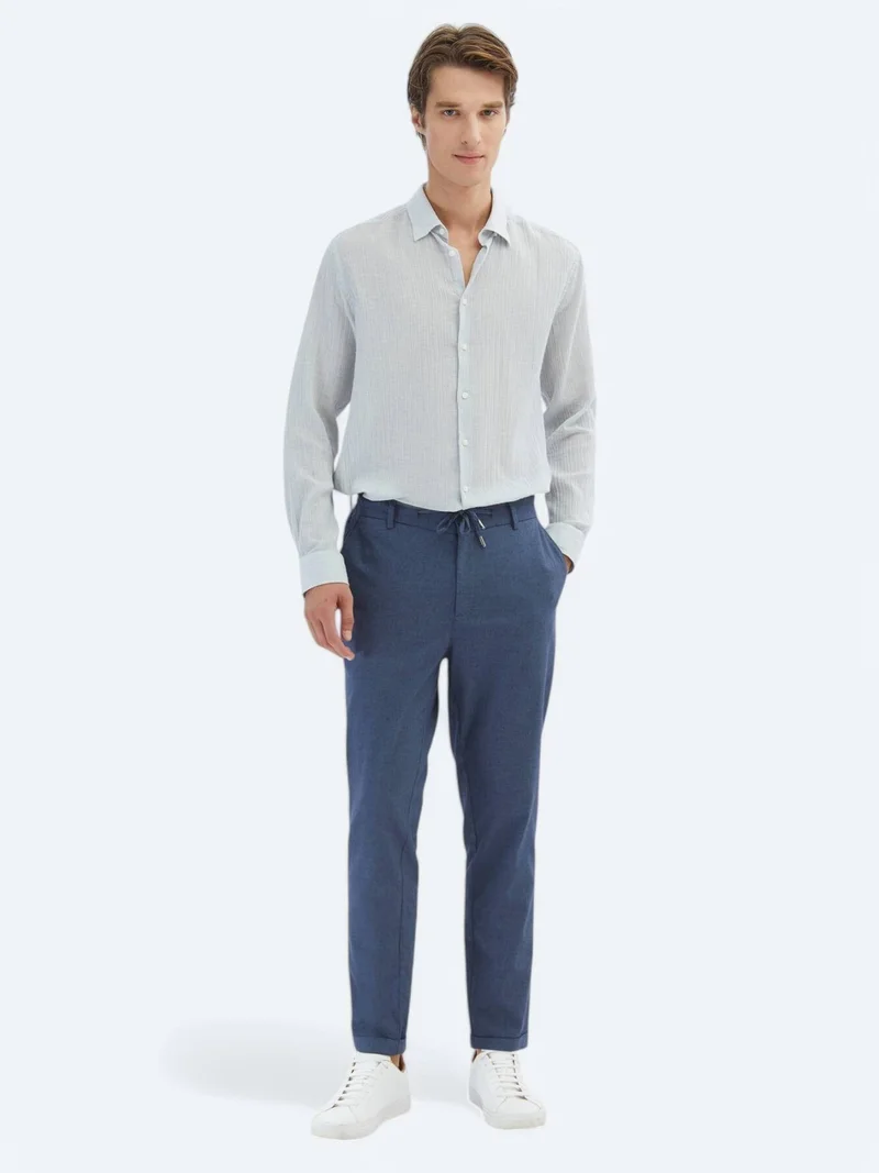 Kip Blue Striped Regular Fit Long Weaving Casual Cotton Blended Shirt